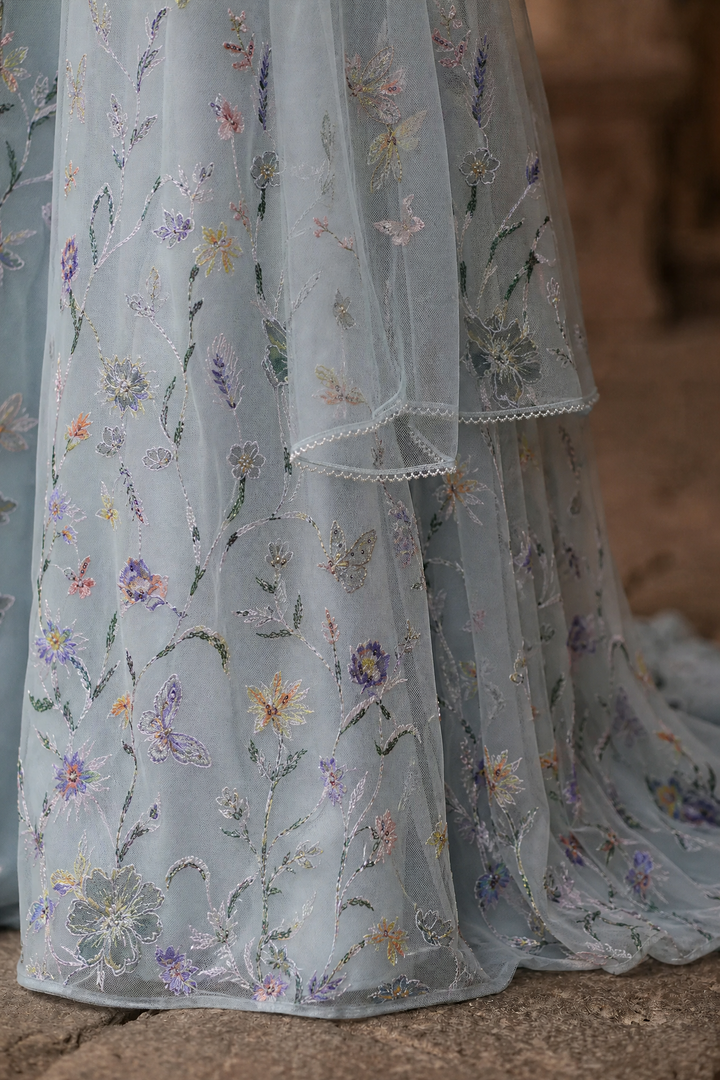 Bridgerton Daphne Blue Dress With Floral Lace Satin - Regency Era Blue Dress Plus Size