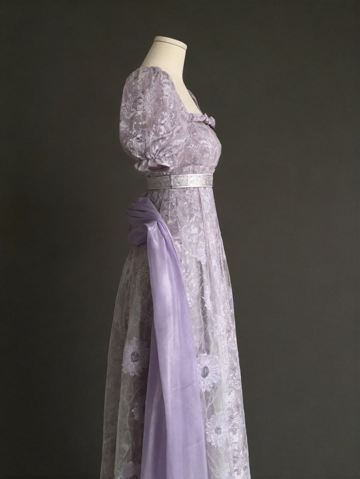 Regency Era Lavender Lace Empire Waist Vintage Gown with Sheer Puff Sleeves and Matching Shawl – Bridgerton Inspired Dress Plus Size