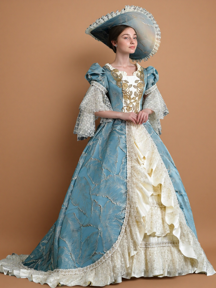 Marie Antoinette Rococo Style Dress in Blue and Ivory with Layered Skirt and Lace Bell Sleeves – Baroque Ball Gown Plus Size