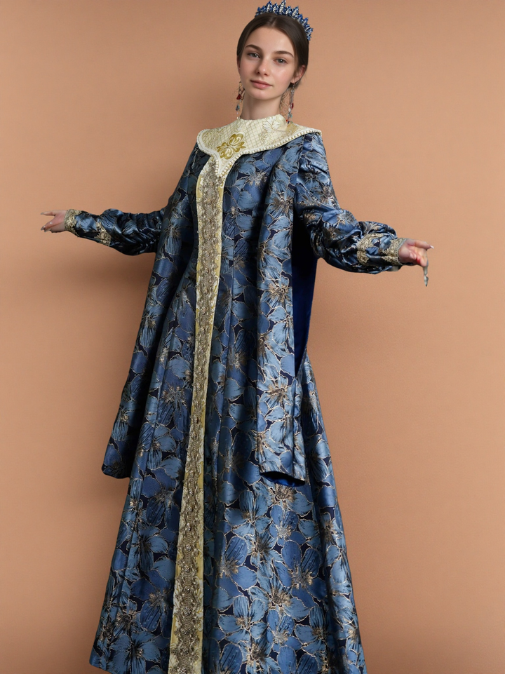 Vintage Royal Blue Medieval Dress – Byzantine Court Dress with High Collar Embroidery
