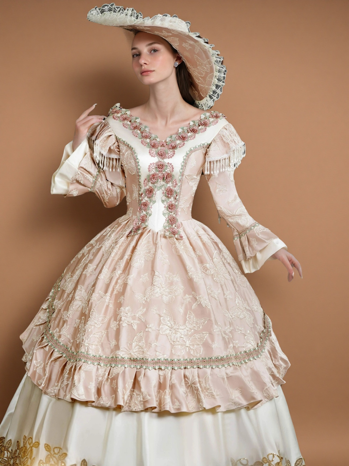 Rococo Pink and Cream Ball Gown Dress – Embroidered Floral Bodice with Frilled Sleeves and Wide Brim Hat