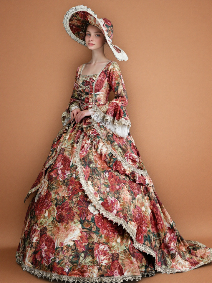Floral Red Rococo Style Dress with Lace Bell Sleeves – Marie Antoinette Inspired Gown for Costume Ball or Theater