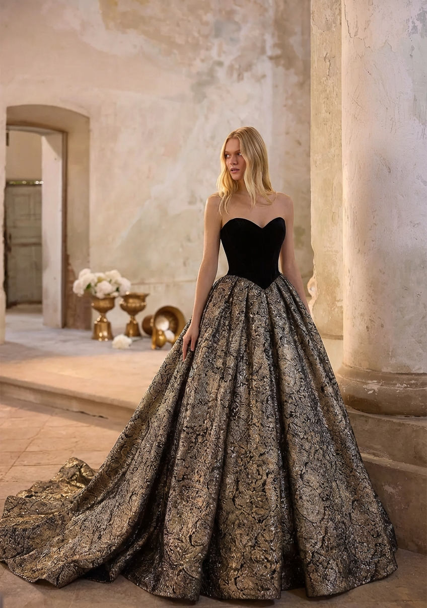 Gothic Black Strapless Wedding Dress With Gold Glitters