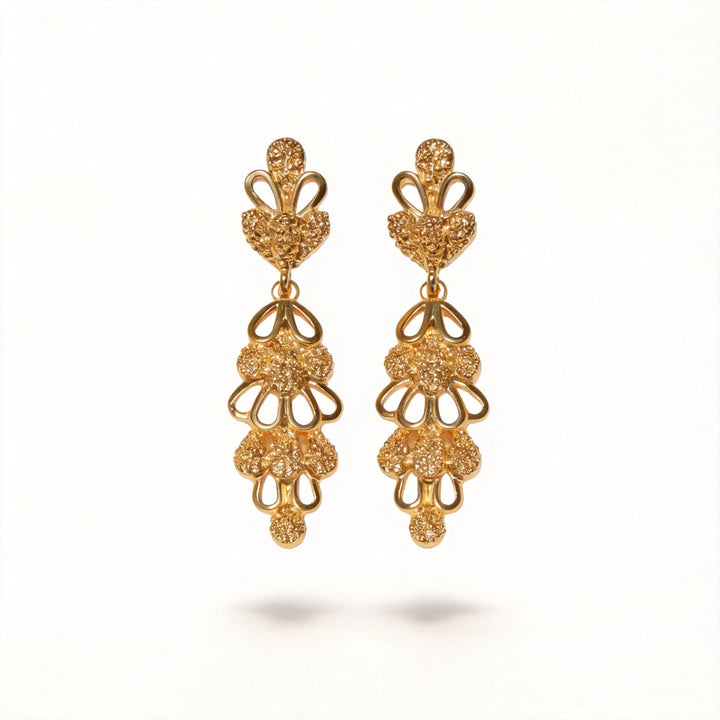 Golden Reverie – Handmade Vintage Filigree Long Drop Earrings – Pinecone