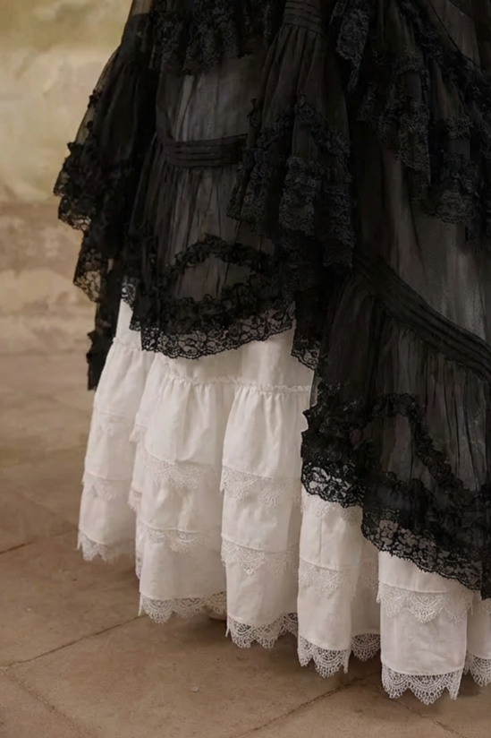 Victorian-Inspired Black and White Gothic Lolita Ball Gown with Tiered Ruffles – Tencel Organza Dress with Lace Trim Plus Size