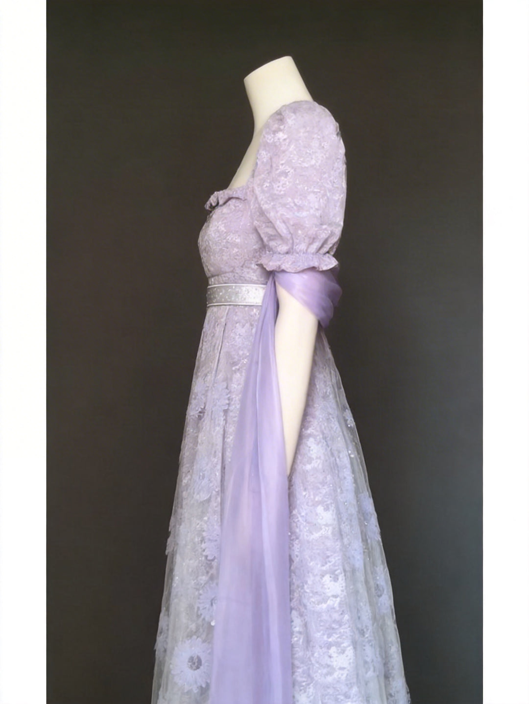 Regency Era Lavender Lace Empire Waist Vintage Gown with Sheer Puff Sleeves and Matching Shawl – Bridgerton Inspired Dress Plus Size