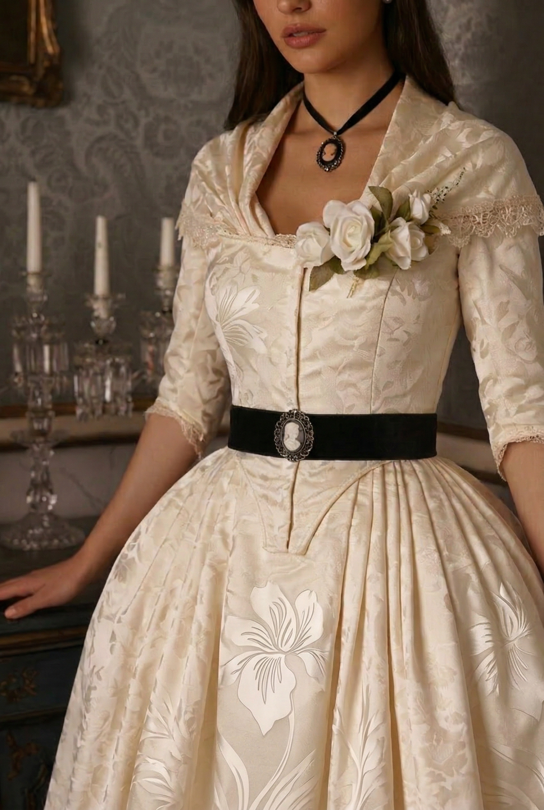 REGENCY ERA IVORY JACQUARD CORSET DRESS WITH LACE LONG SLEEVE - 1800S WonderlandByLilian REGENCY ERA IVORY JACQUARD CORSET DRESS WITH LACE LONG SLEEVE - 1800S WonderlandByLilian