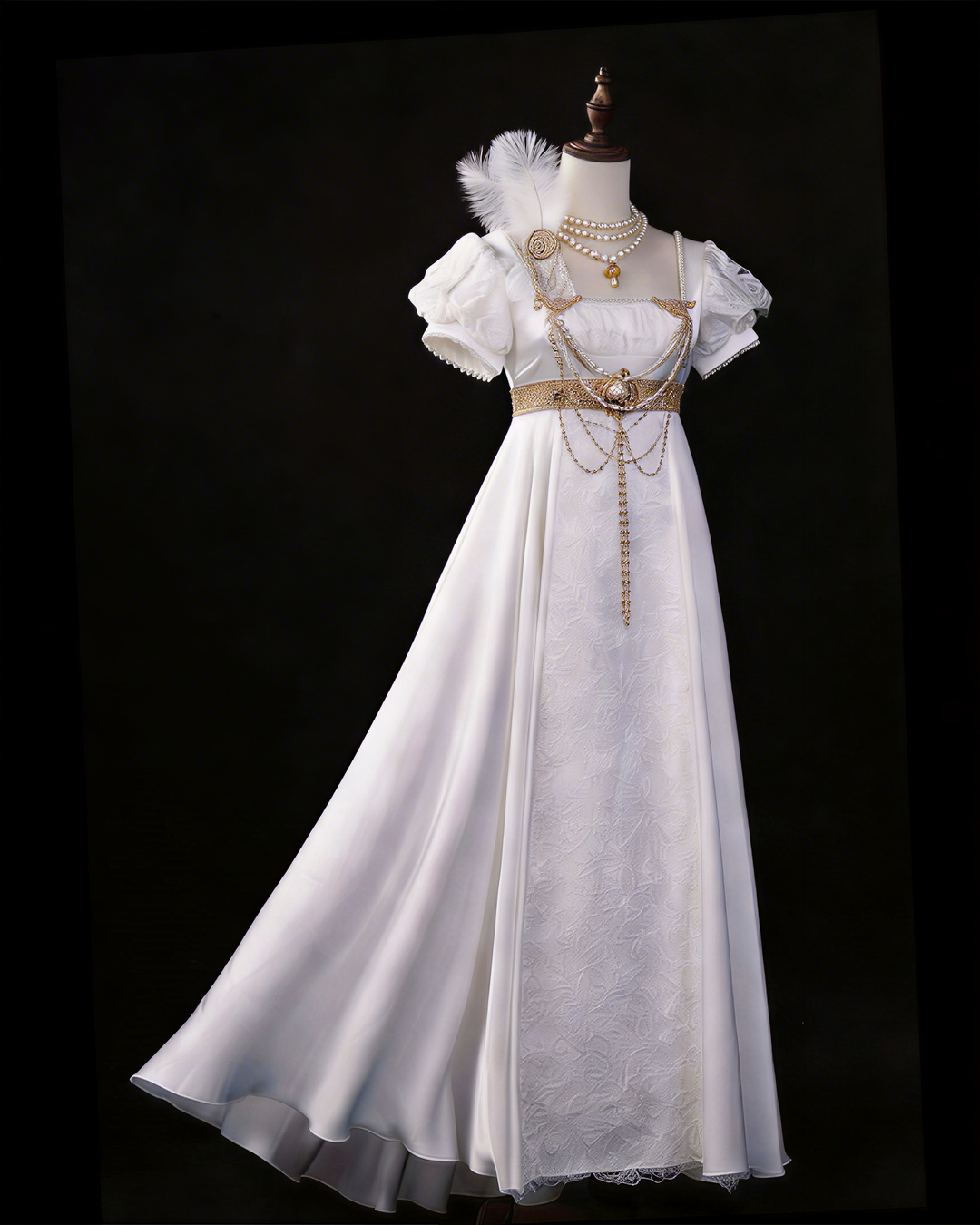 Regency Era Ivory Empire Waist Embroidered Dress with Puff Sleeves and Gold Draped Shawl Bridgerton Inspired Vintage Gown Plus Size Size 22W / Ivory Regency Era Ivory Empire Waist Embroidered Dress with Puff Sleeves and Gold Draped Shawl Bridgerton Inspired Vintage Gown Plus Size Size 22W / Ivory
