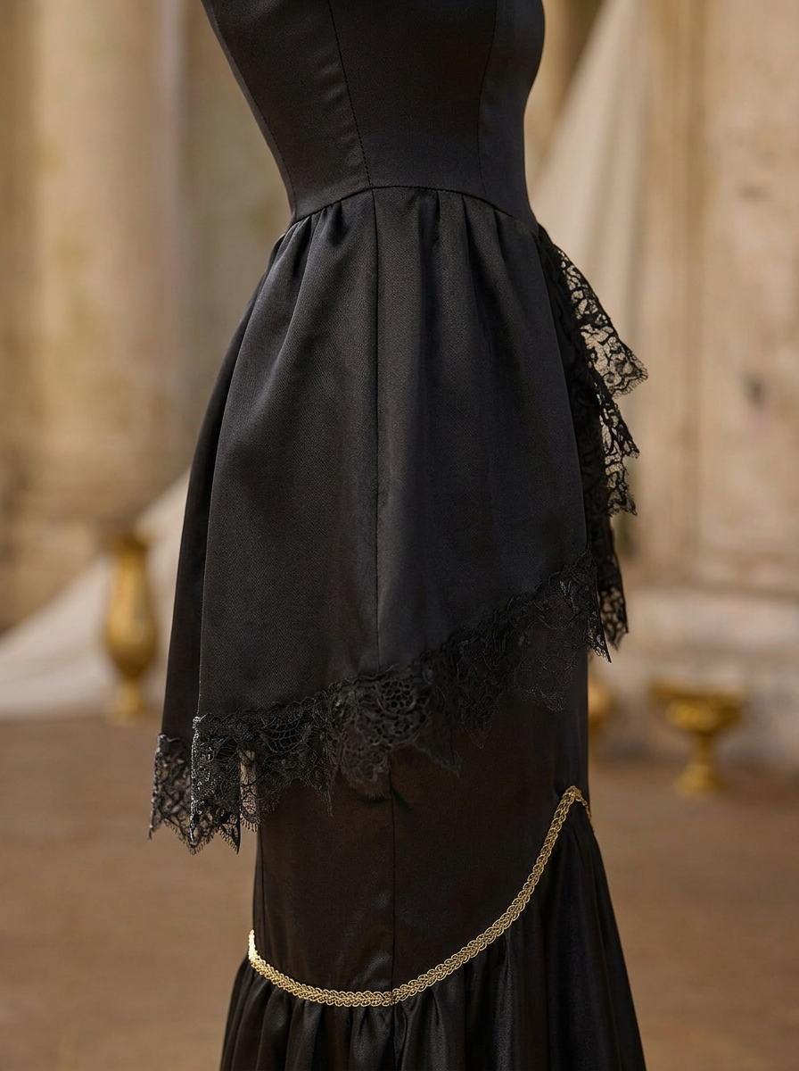 Gothic Black Rococo Style Dress – Dramatic Bell Sleeves and Mermaid Hem Plus Size