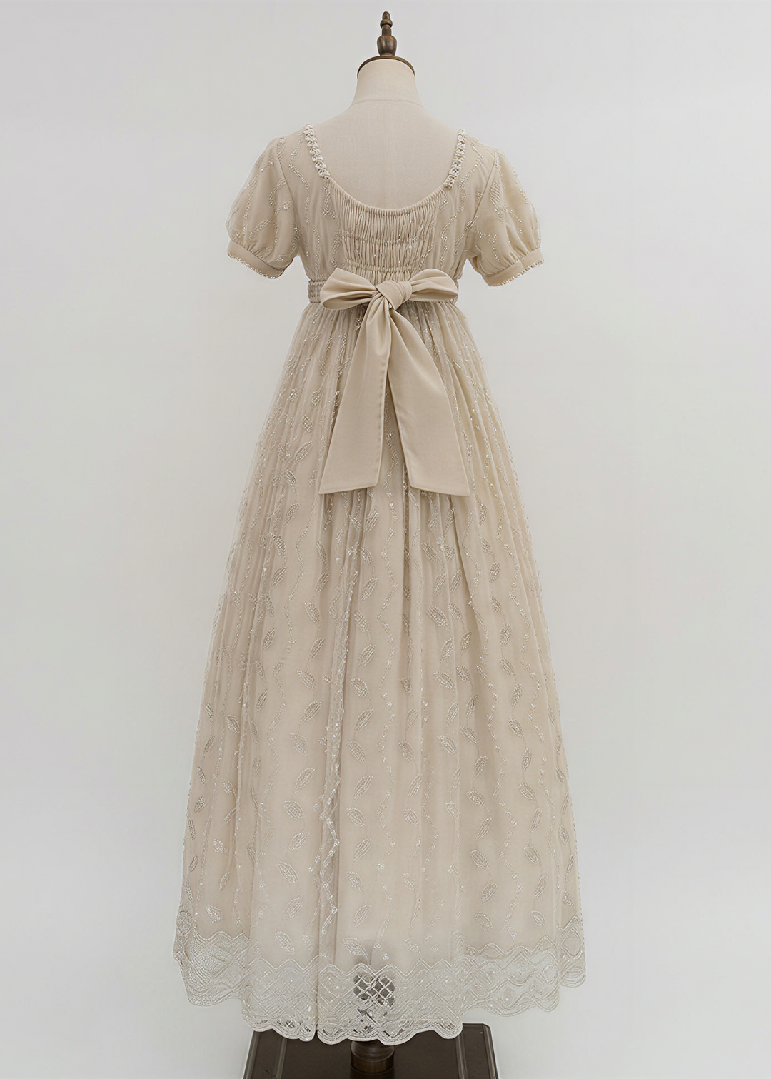 Regency Era Champagne Embroidered Empire Waist Vintage Gown with Puff Sleeves and Beaded Neckline – Bridgerton Inspired Dress Plus Size