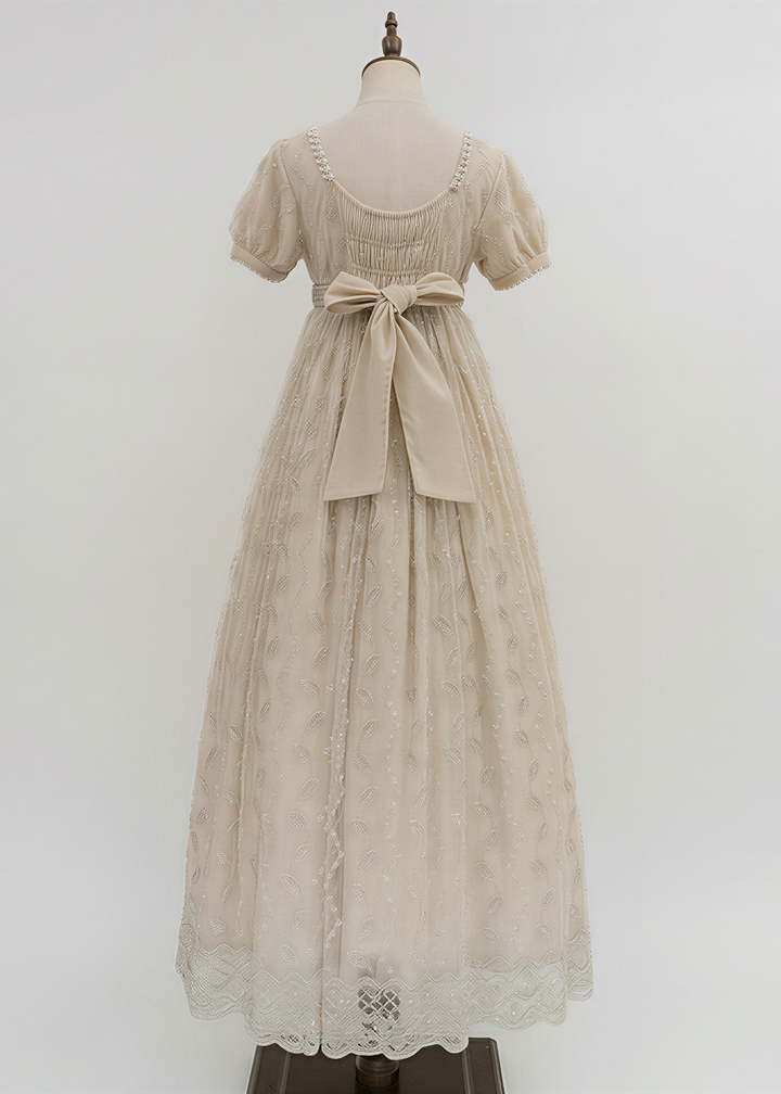 Regency Era Champagne Embroidered Empire Waist Vintage Gown with Puff Sleeves and Beaded Neckline – Bridgerton Inspired Dress Plus Size