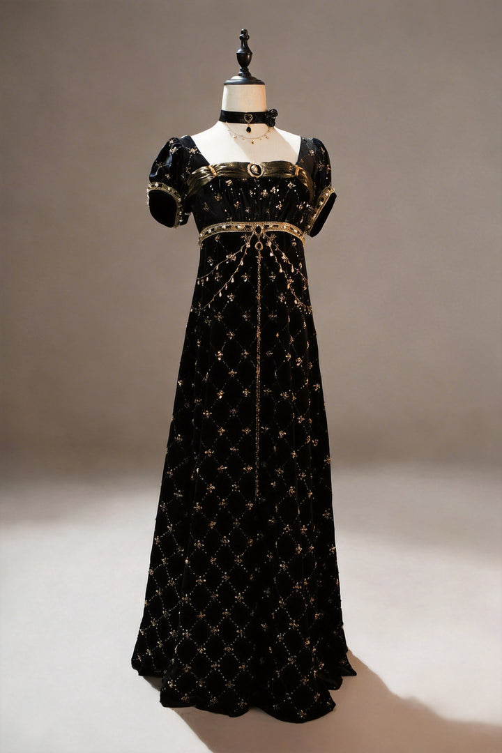 Regency Era Black Velvet Gold Embroidered Empire Waist Vintage Gown with Puff Sleeves – Bridgerton Inspired Dress Plus Size