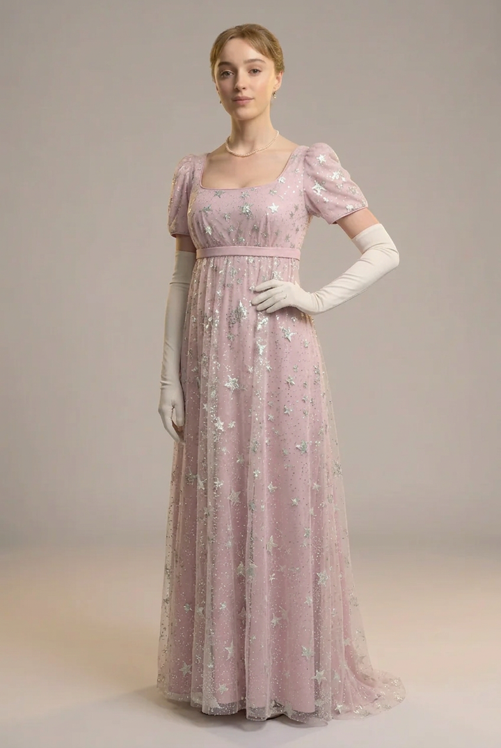 Bridgerton Daphne Pink Dress With Star Sequins - Regency Era Pink Satin Dress Plus Size