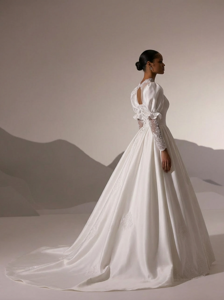 Vintage Long Sleeve Wedding Dress with High Neck – Simple Modest Wedding Dress with Lace Train Plus Size