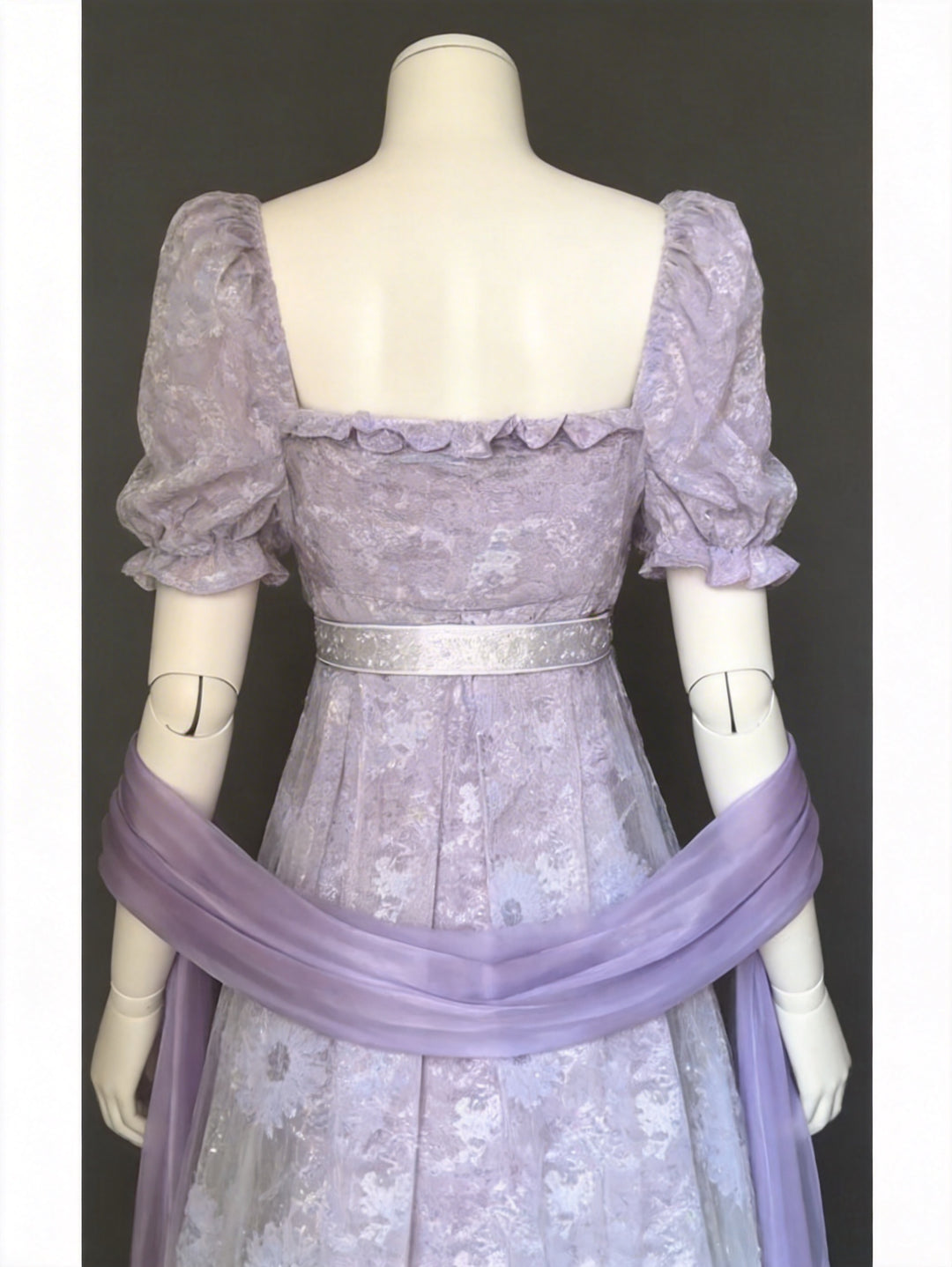 Regency Era Lavender Lace Empire Waist Vintage Gown with Sheer Puff Sleeves and Matching Shawl – Bridgerton Inspired Dress Plus Size