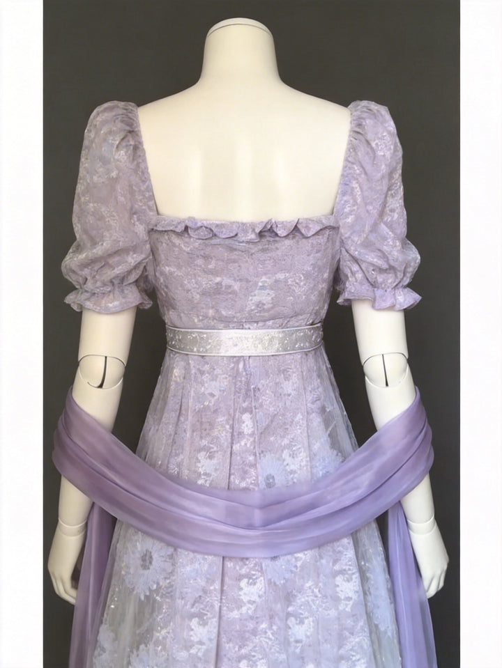 Regency Era Lavender Lace Empire Waist Vintage Gown with Sheer Puff Sleeves and Matching Shawl – Bridgerton Inspired Dress Plus Size