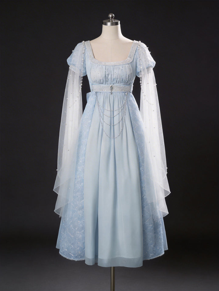 Regency Era Blue Lace Empire Waist Vintage Gown – Bridgerton Inspired Sheer Overlay Dress Plus Size