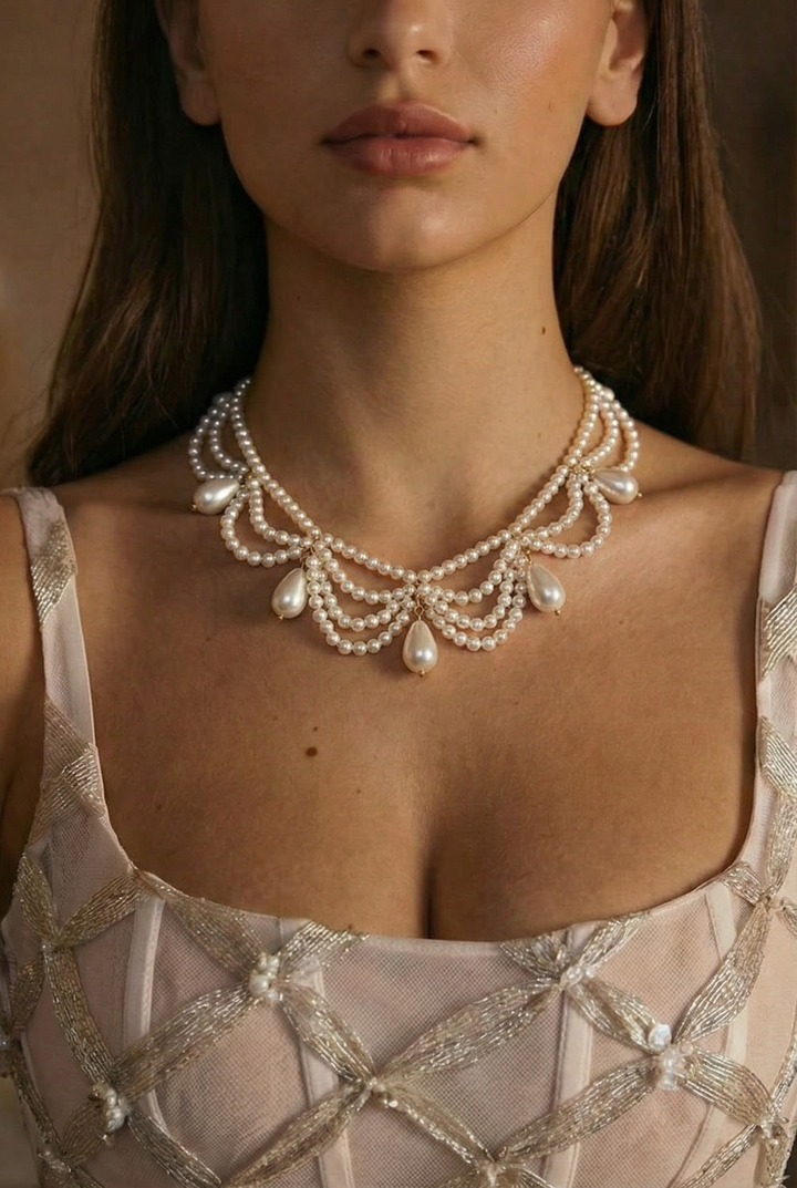 Handmade Victorian Drop Pearl Necklace - Victorian style Chocker-  Multi-Strand