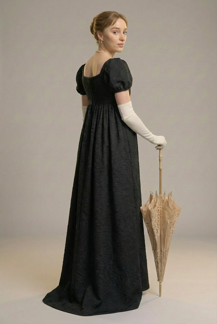 Classic Regency Era Black Lace Dress - Empire Waist Ball Gown Plus Size