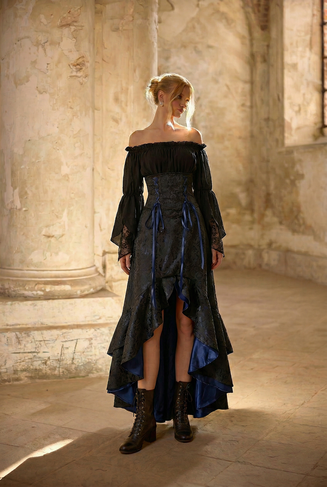 Gothic Lolita Off-Shoulder Black Dress - High Low Dress - Mermaid Gown with Bell Sleeves Plus Size Size 10 / Black Gothic Lolita Off-Shoulder Black Dress - High Low Dress - Mermaid Gown with Bell Sleeves Plus Size Size 10 / Black