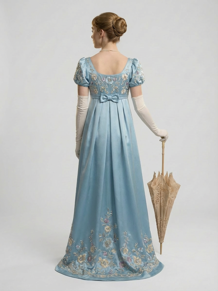 Bridgerton Inspired Regency Empire Waist Blue Embroidered Satin Finish Dress with Puff Sleeve and Bow Detail Plus Size