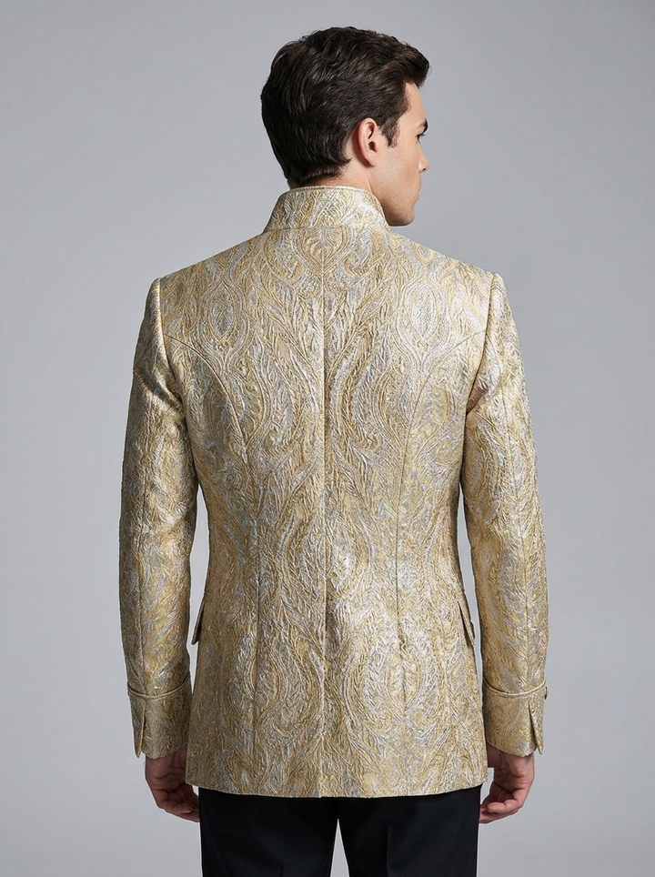 Regency Era Gold Jacquard Satin Tailored Jacket – Bridgerton Inspired High Collar Formal Regency Coat Made to Order Plus Size