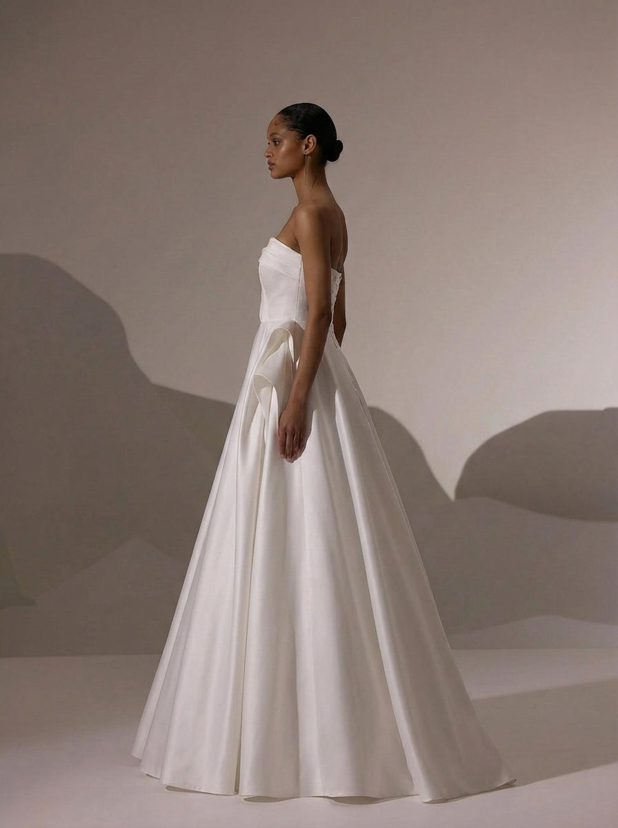 Strapless Satin Wedding Dress with Fold Over Neckline – Simple Satin Wedding Dress with Corset Plus Size