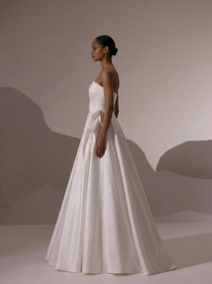 Strapless Satin Wedding Dress with Fold Over Neckline – Simple Satin Wedding Dress with Corset Plus Size