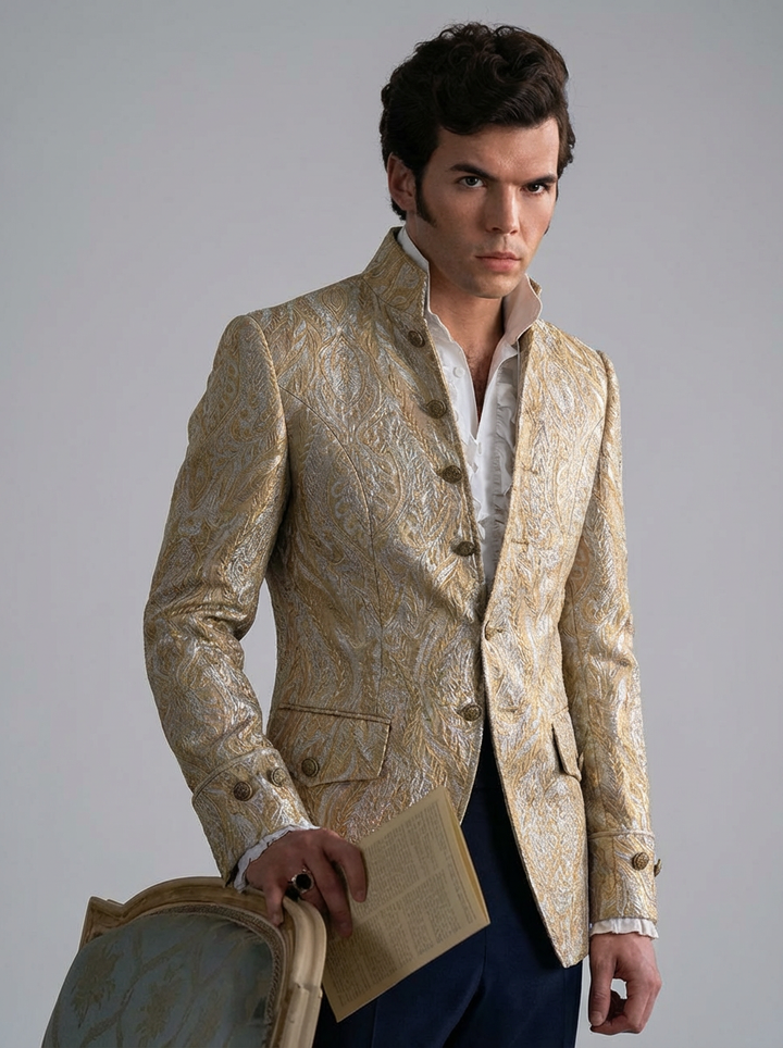 Regency Era Gold Jacquard Satin Tailored Jacket – Bridgerton Inspired High Collar Formal Regency Coat Made to Order Plus Size