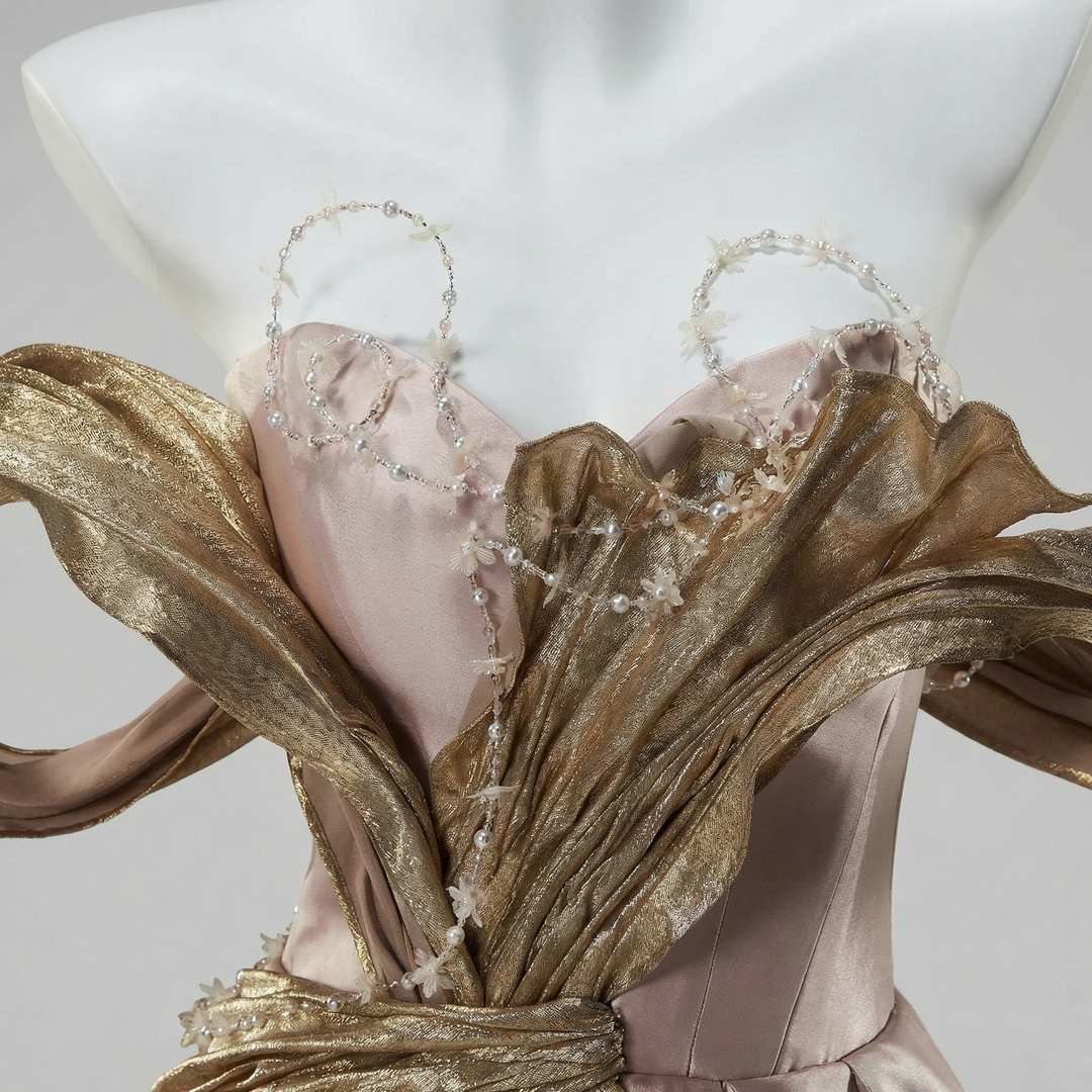 Blush Pink and Gold Evening Dress - Corset Back Wedding Gown with Dramatic Sleeves Plus Size