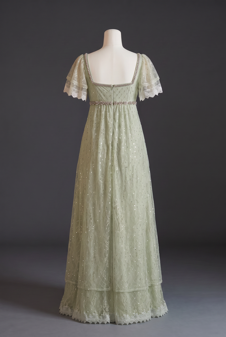 Pale Green Regency Era Embroidered Tulle Empire Waist Dress with Rhinestone Trim and Puff Sleeves Plus Size