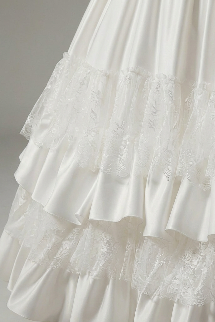 Vintage Puff Sleeve Wedding Dress with Lace Tiered Skirt – Ruffle Layered Wedding Dress with Bow Detail Plus Size