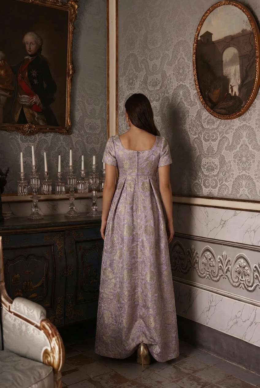 Bridgerton Daphne Purple Jacquard Dress - Regency Era Purple Satin Regency Gown Plus Size