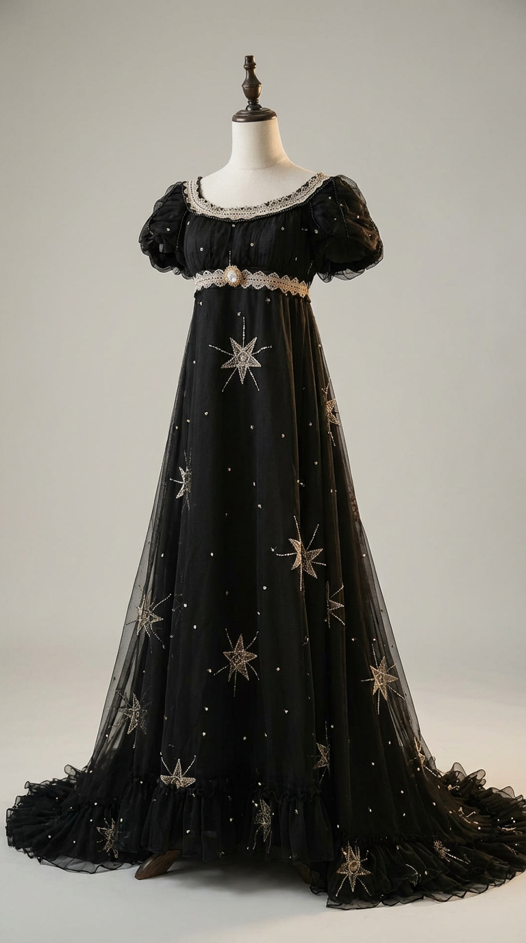 Regency Era Midnight Black Star Embroidered Empire Waist Gown – Bridgerton Inspired Dress Plus Size