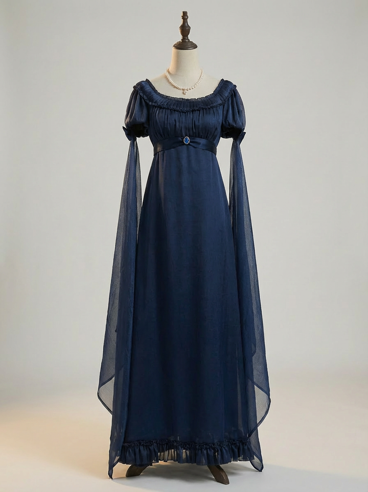 Regency Era Navy Blue Empire Waist Gown – Bridgerton Inspired Sheer Overlay Plus Size