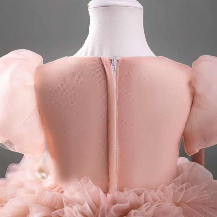 Blush Pink Ruffled Tulle Toddler Flower Girl Dress with Puff Sleeves – Baby Flower Girl Dress Plus Size