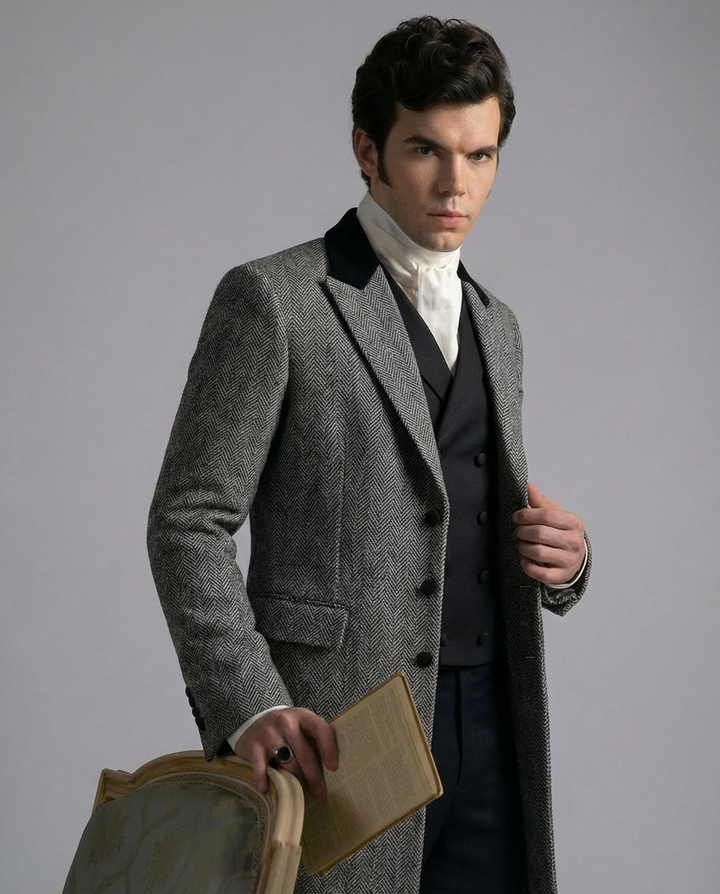 Vintage British Grey Tweed Regency Tailcoat Jacket for Men – Classic Formal Gentleman Coat Plus Size