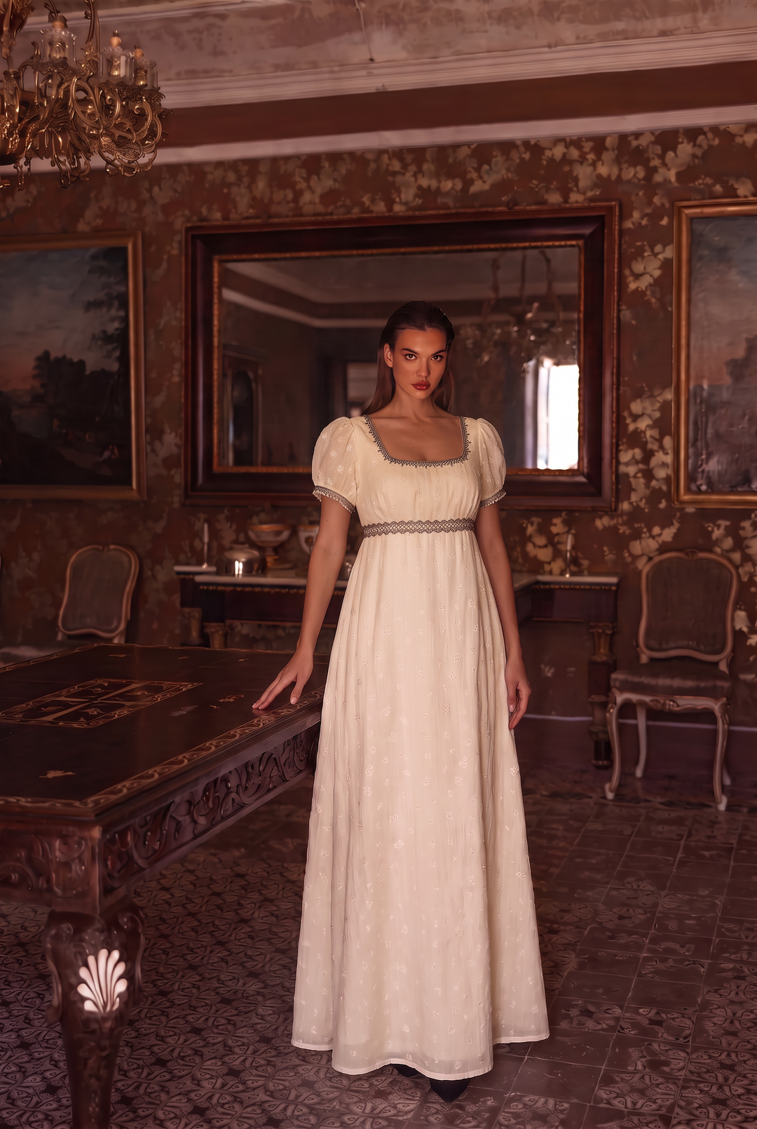 Regency Era White Embroidered Empire Waist Gown with Puff Sleeves and Lace Trim – Bridgerton Inspired Vintage Dress Plus Size