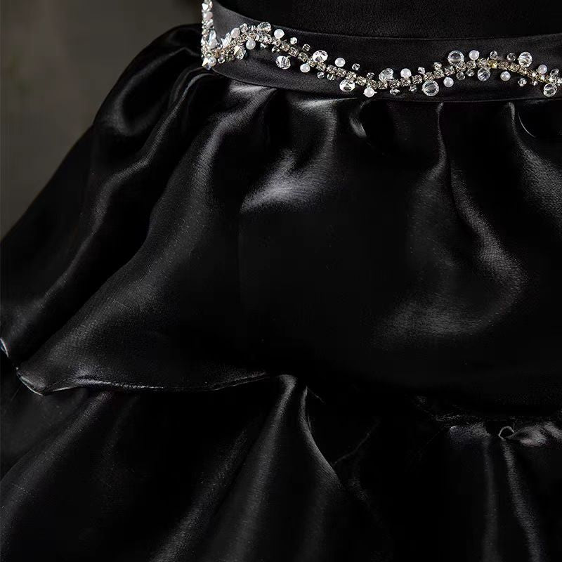 Gothic Black Satin Ruffled Flower Girl Gown with Strapless Design for Special Occasion - Plus Size