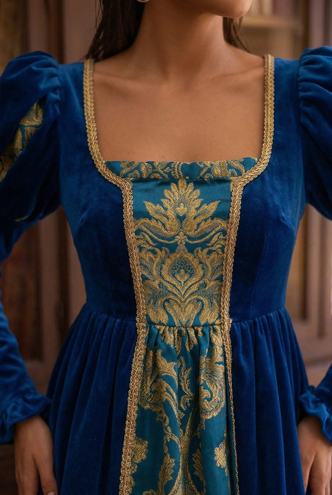Regency Era Queen Dress - Renaissance Sapphire Velvet Jacquard Ball Gown Costume - Plus Size WonderlandByLilian Regency Era Queen Dress - Renaissance Sapphire Velvet Jacquard Ball Gown Costume - Plus Size WonderlandByLilian