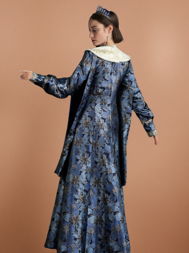 Vintage Royal Blue Medieval Dress – Byzantine Court Dress with High Collar Embroidery