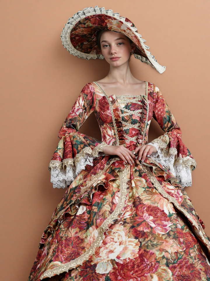 Floral Red Rococo Style Dress with Lace Bell Sleeves – Marie Antoinette Inspired Gown for Costume Ball or Theater