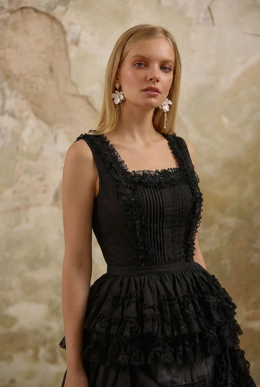 Victorian-Inspired Black and White Gothic Lolita Ball Gown with Tiered Ruffles – Tencel Organza Dress with Lace Trim Plus Size