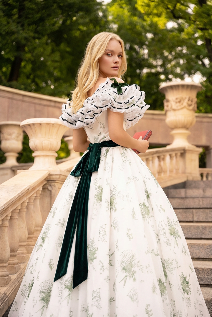 Green and White Embroidered Baroque Dress with Victorian Charm - Rococo Elegance Floral Gown Plus Size