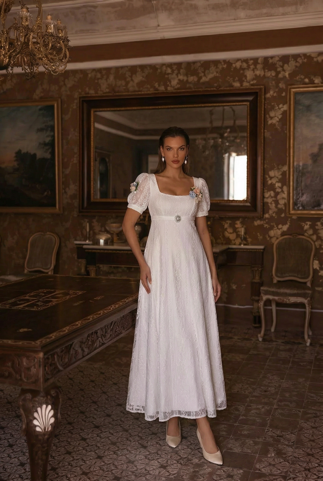 Bridgerton Inspired Embroidered Romantic Regency Era Cotton Lace Dress With Empire Waist - Plus Size Bridgerton Inspired Embroidered Romantic Regency Era Cotton Lace Dress With Empire Waist - Plus Size