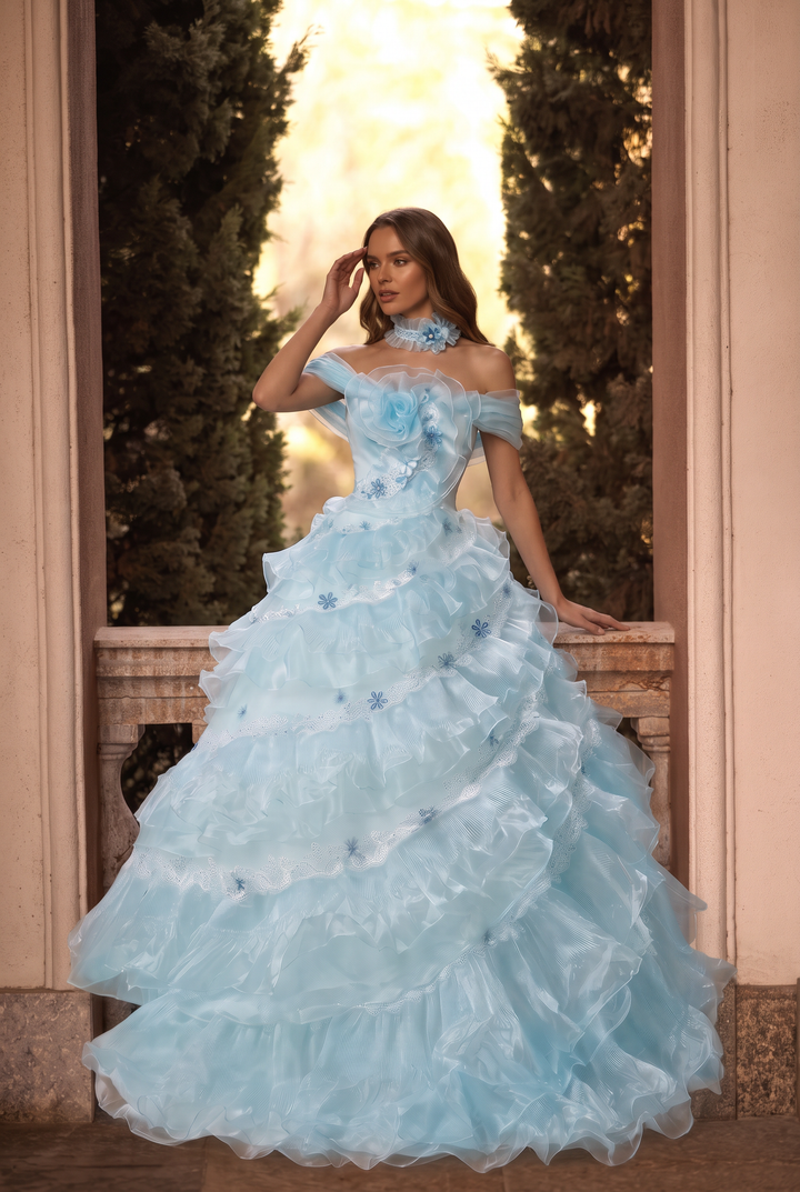 Light Blue Lace Ball Gown Wedding Dress with Floral Appliqué and Layered Ruffle Tulle Skirt Plus Size