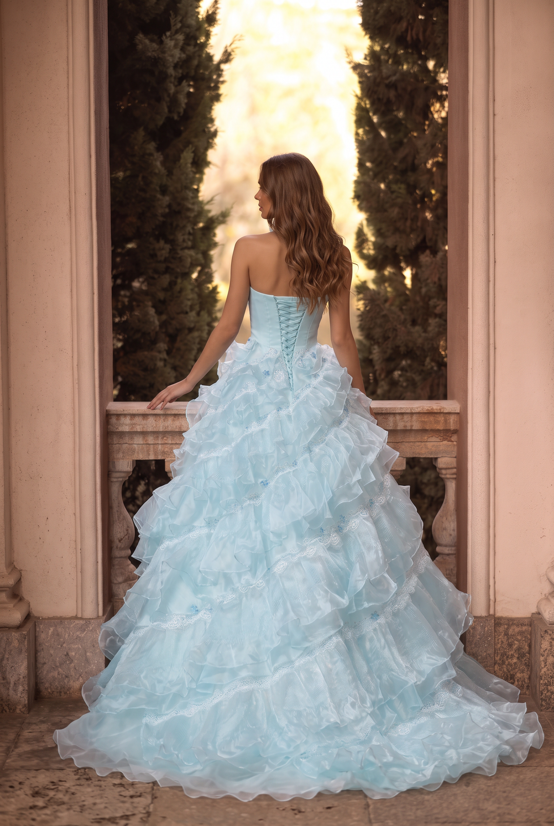 Light Blue Lace Ball Gown Wedding Dress with Floral Appliqué and Layered Ruffle Tulle Skirt Plus Size