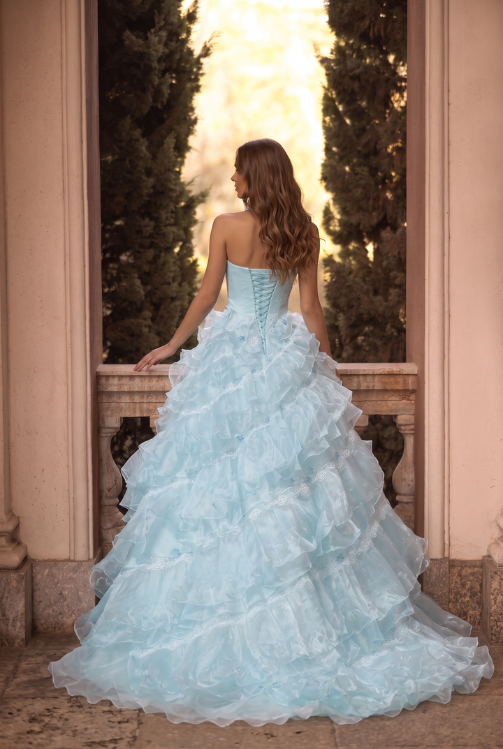 Light Blue Lace Ball Gown Wedding Dress with Floral Appliqué and Layered Ruffle Tulle Skirt Plus Size