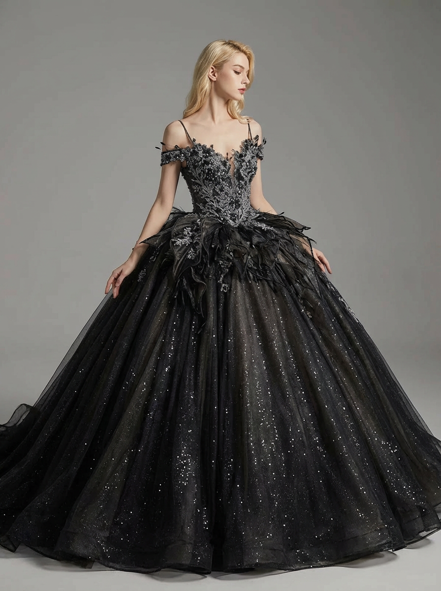 Gothic Black Off-Shoulder Wedding Dress with Embellished Tulle Plus Size