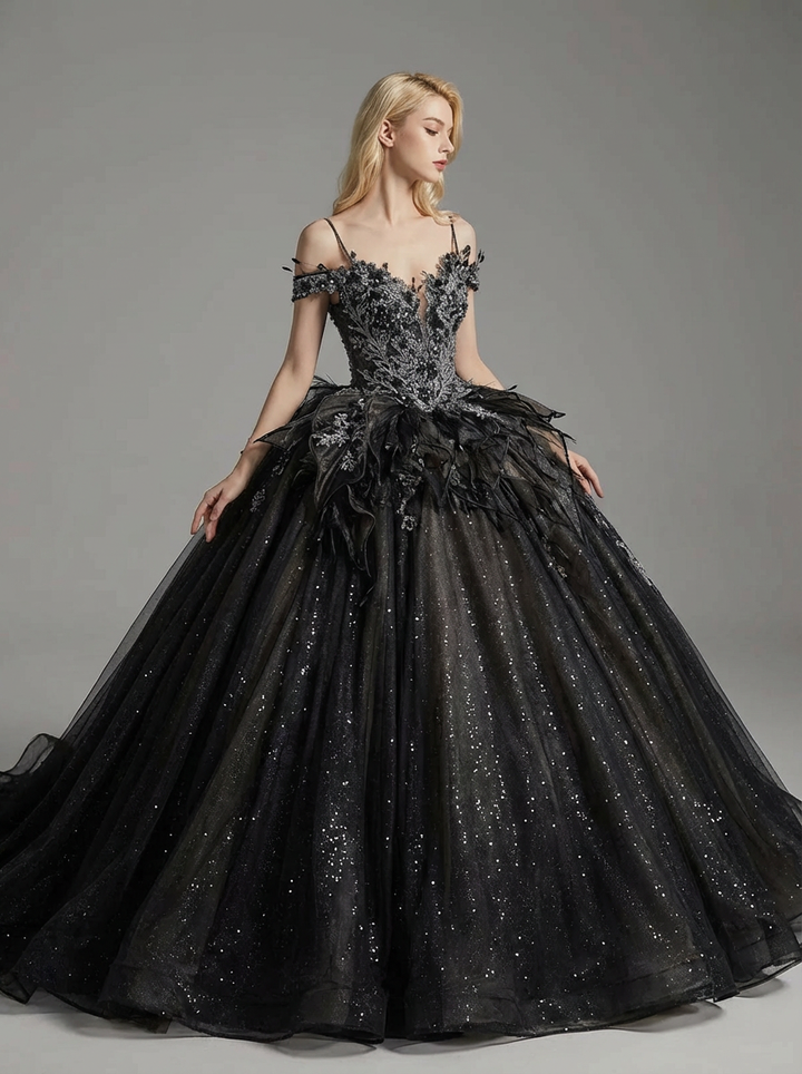 Gothic Black Off-Shoulder Wedding Dress with Embellished Tulle Plus Size